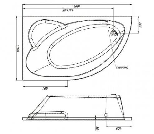 Ванна акриловая Mirsant ФАНАГОРИЯ  170x100 см. левая 