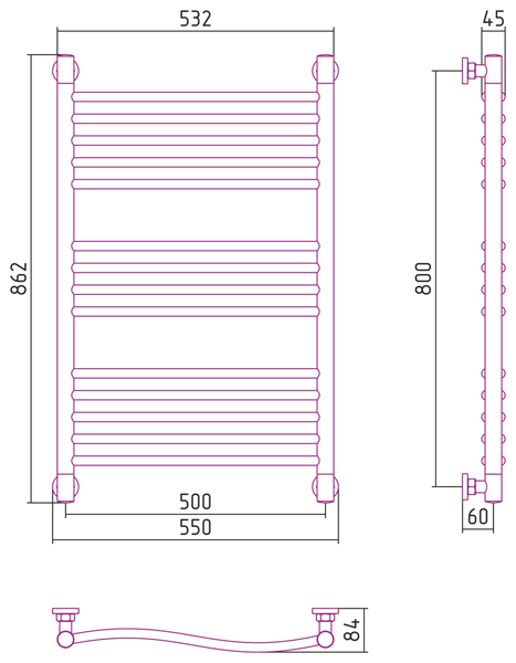Полотенцесушитель водяной Сунержа ФЛЮИД+ 00-0222-8050 800х500 