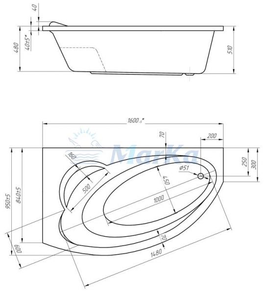 Ванна акриловая 1Marka JULIANNA 01дж1695п 160x95 см. правая 