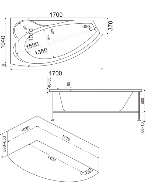 Ванна акриловая BAS НИКОЛЬ В 00028 170x102 см. правая  Ванна акриловая BAS НИКОЛЬ В 00028 170x102 см. правая